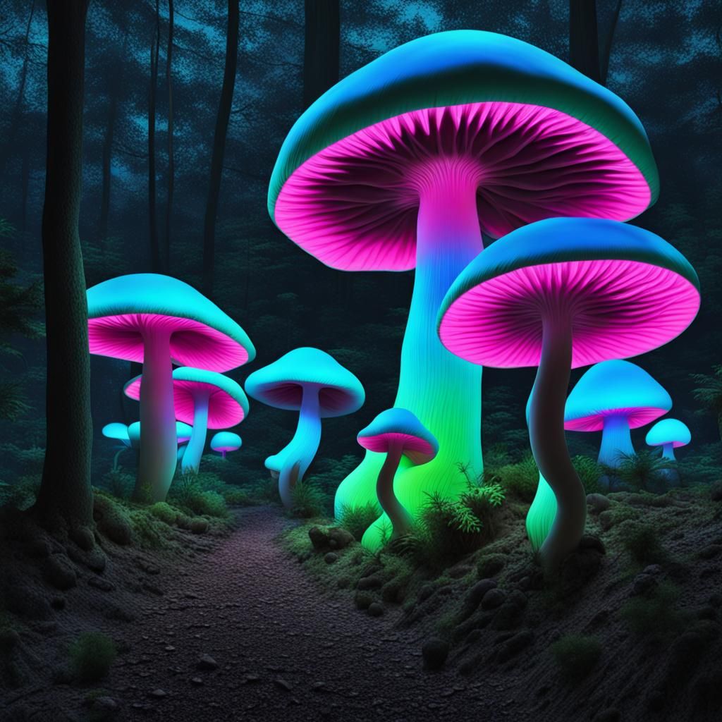 Glowing Giant Mushrooms at Night