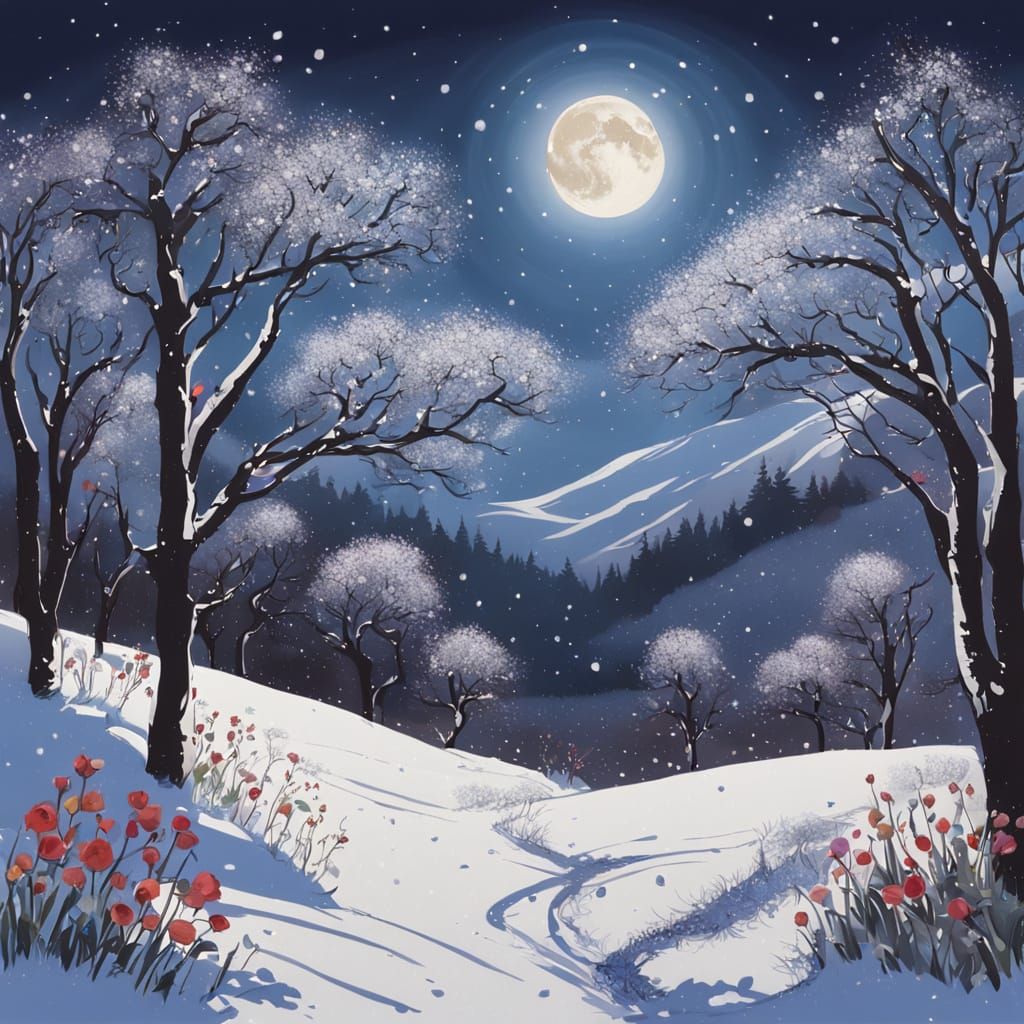 Blossoming Flowers in a Snowy Landscape Under a Full Moon