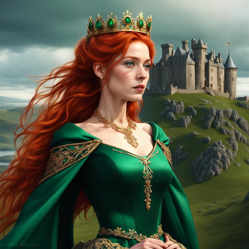 Scottish Princess with Emerald Crown, Hyperrealistic Style
