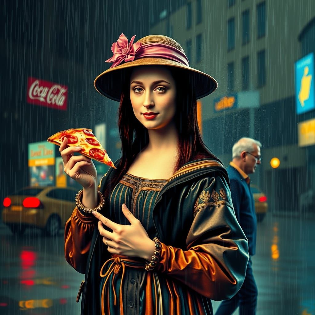 Mona Lisa Dancing in Rain with Pizza Slice