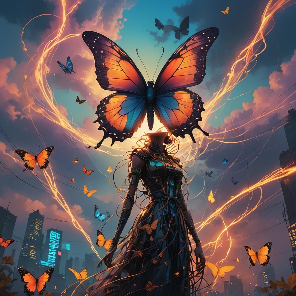 Iridescent Butterfly with Neon, in Maximalist Style