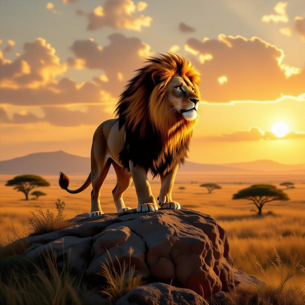 Fiery Lion Overlooking Savanna in Hyperrealistic Style