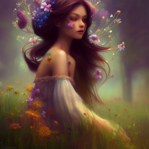 Enchanting Fairy House in Flower Meadow, Digital Art