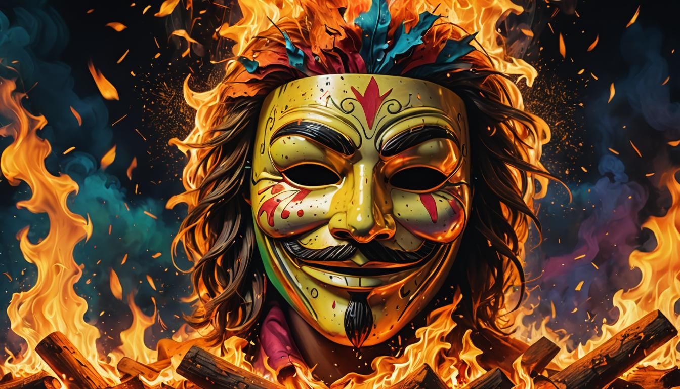 Fiery Guy Fawkes Mask in Explosive Digital Art
