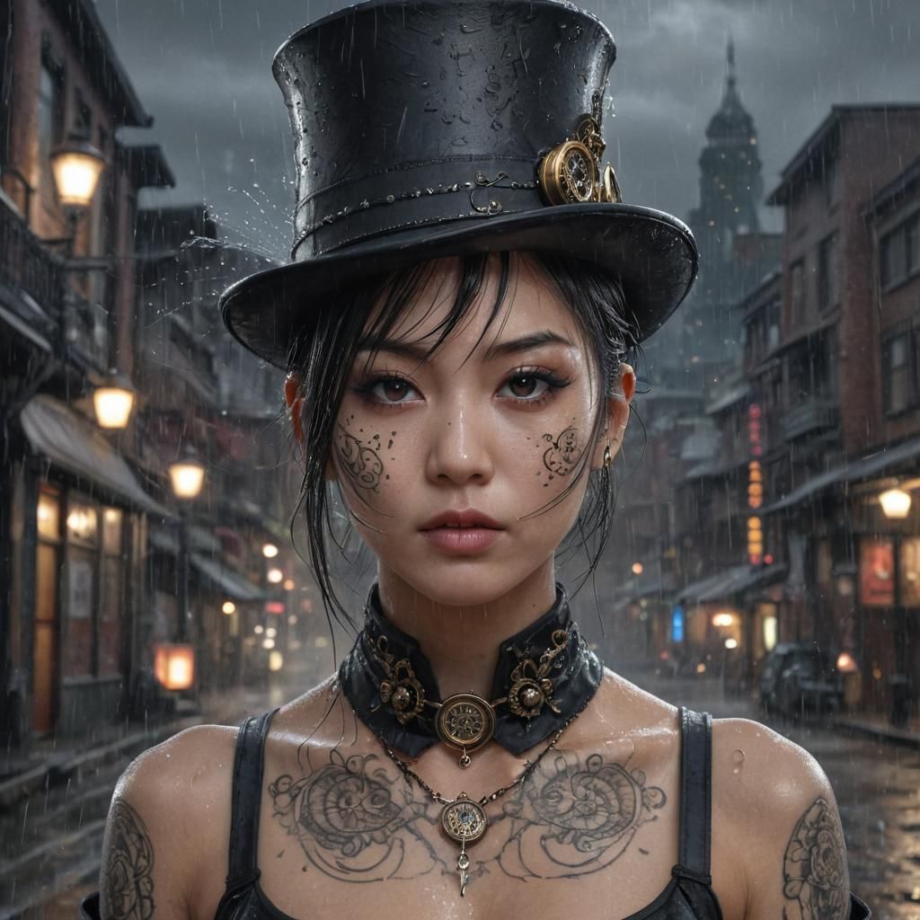 Rain-Soaked Steampunk Woman in Gothic Cityscape