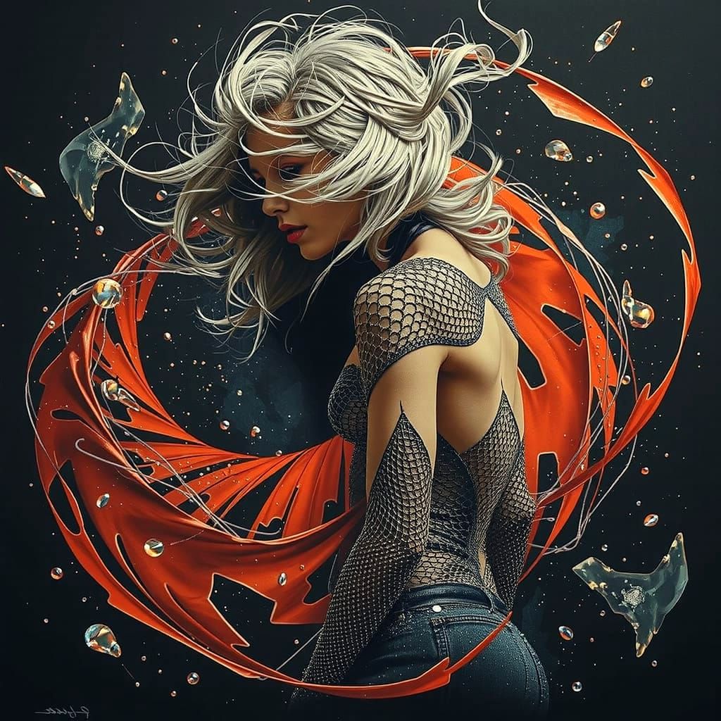 Figure Bursts from Shadows with Molten Silver Hair