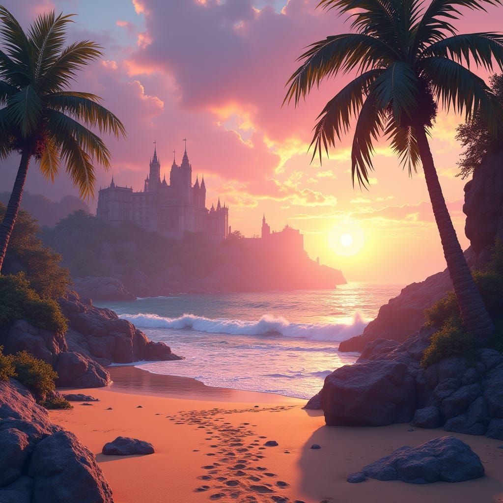 Surreal Beachscape at Sunset in Vibrant Colors