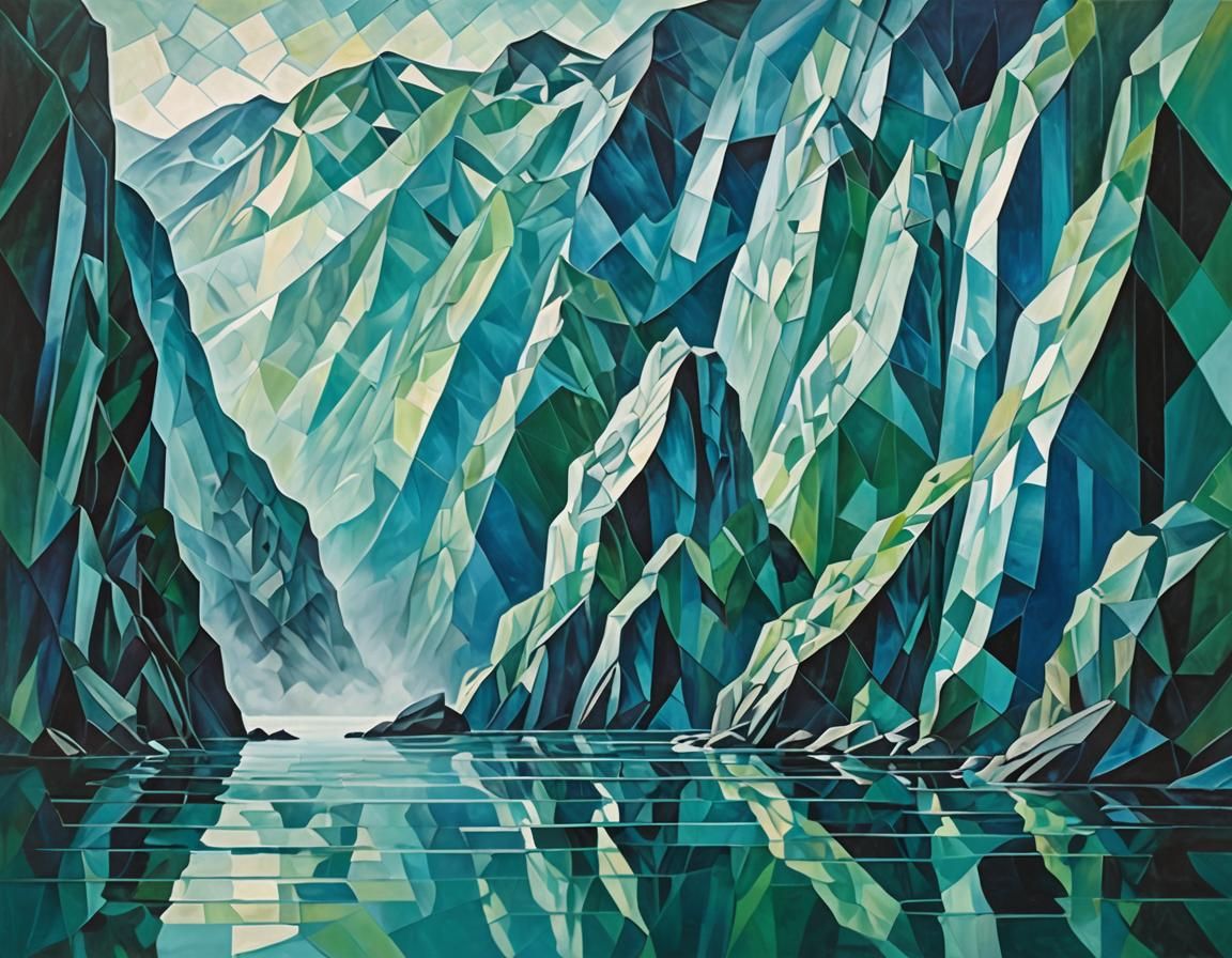 Norwegian Fjords in Cubist Style Painting