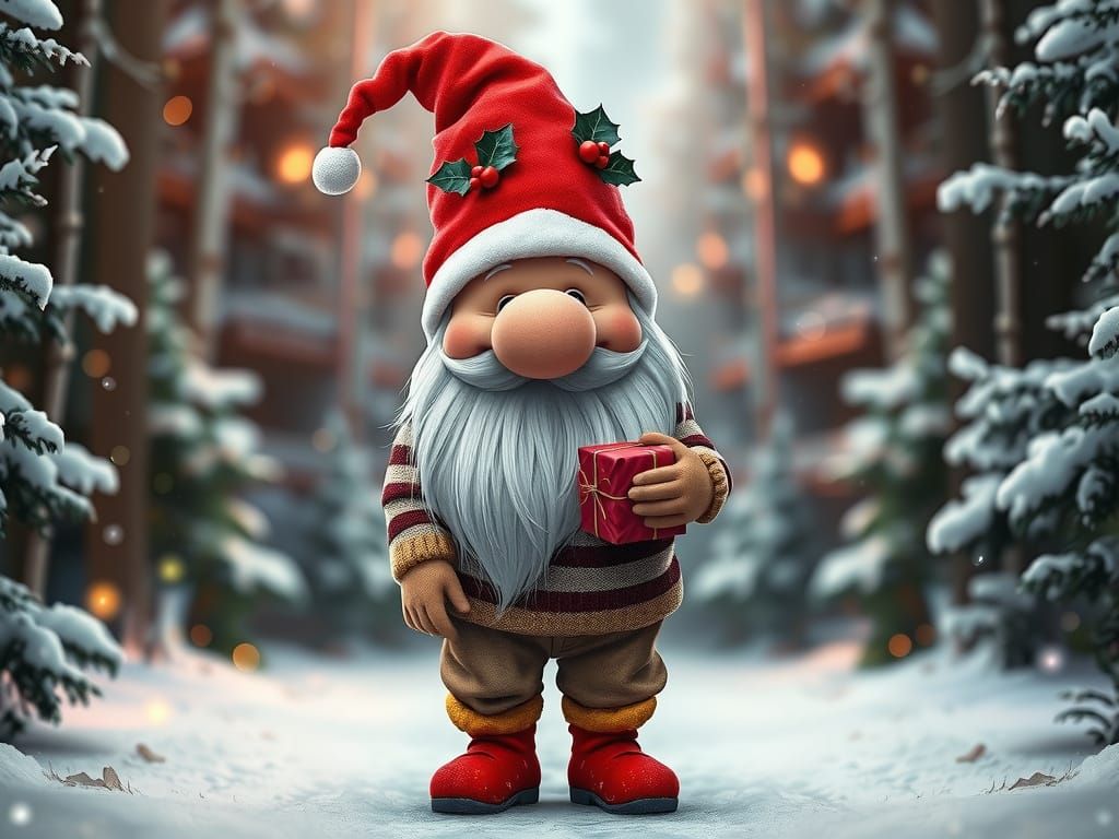 Festive Christmas Gnome Holding Gift in Snowy Forest