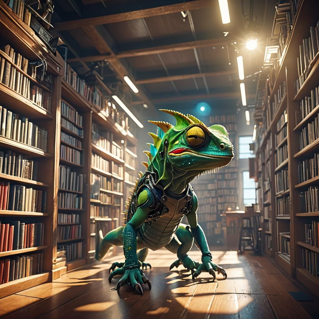 Futuristic Punk Chameleon Librarian in Cyberpunk Style