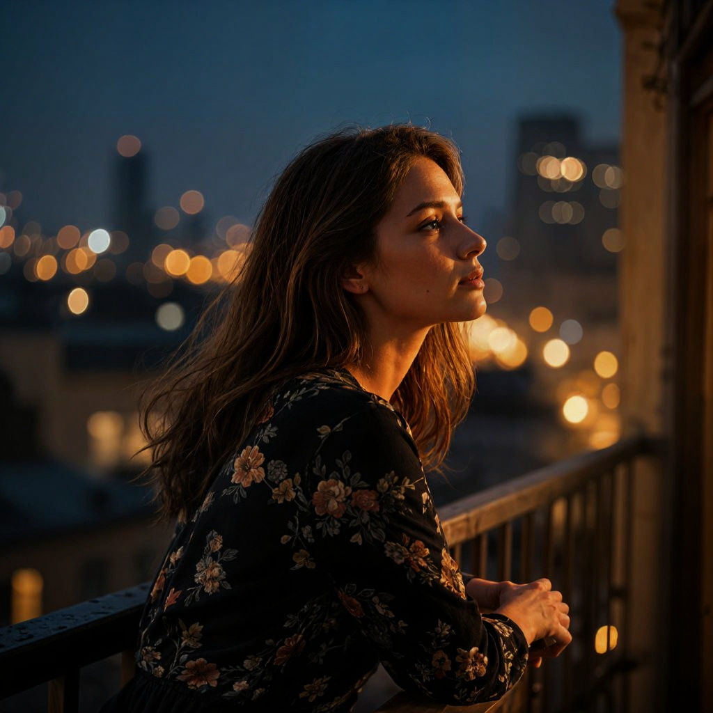Contemplative Woman in Cityscape, Cinematic Film Still