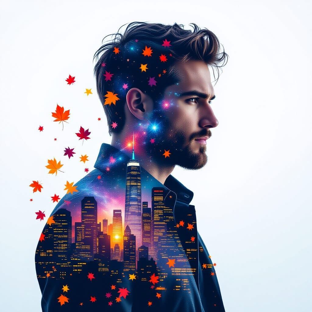 Surreal Double Exposure Portrait: Cityscape and Galaxy