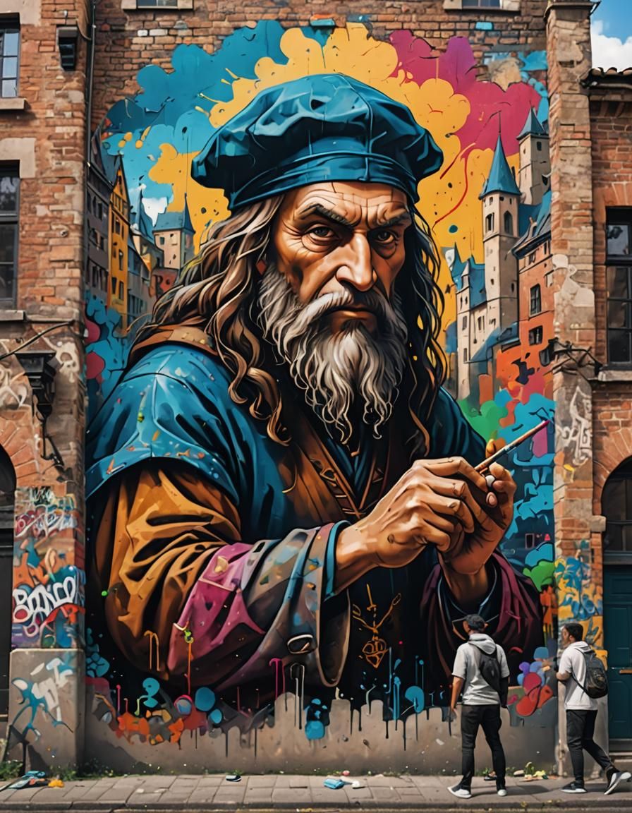 A mural of Leonardo da Vinci in town.