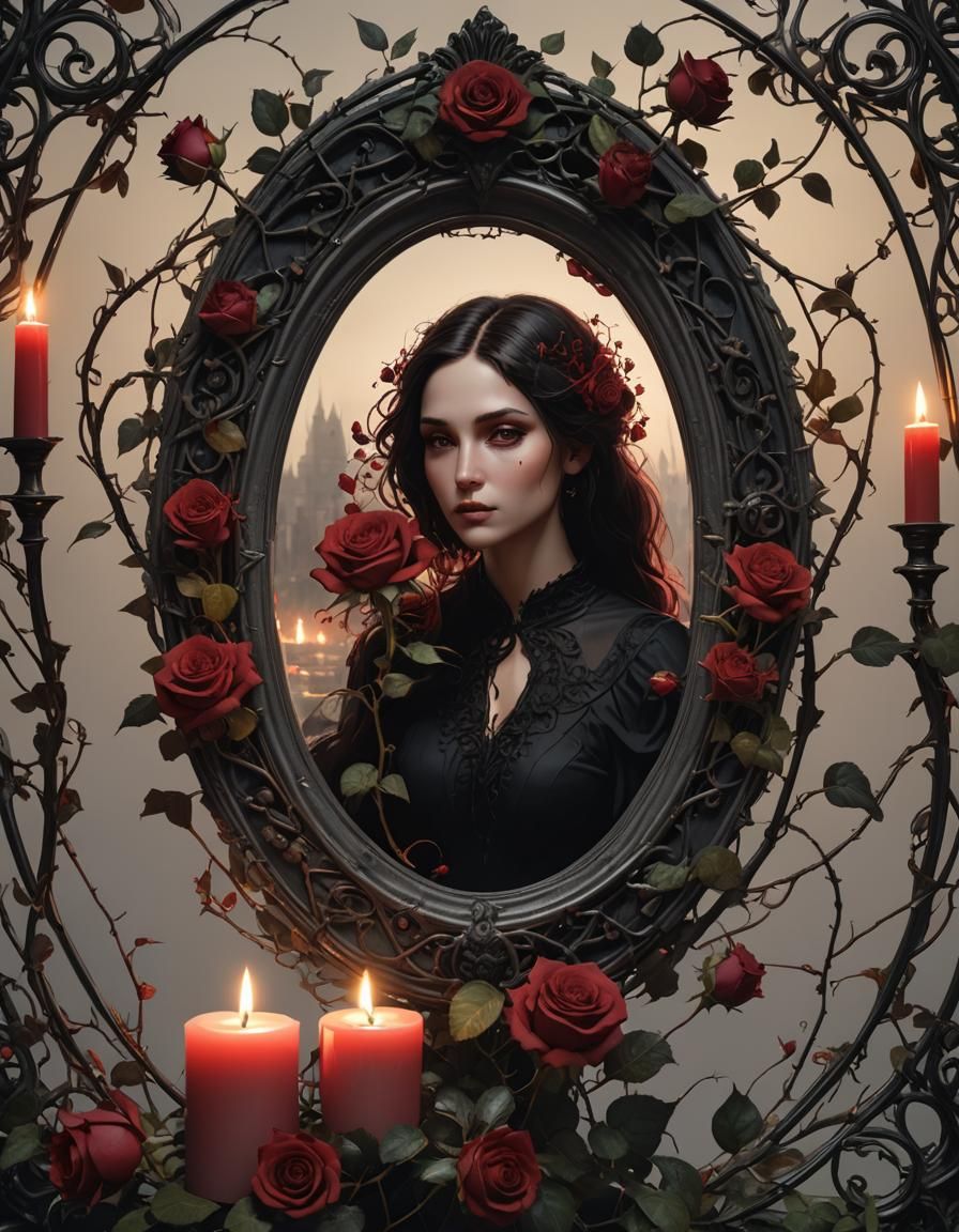 Gothic Roses Around Picture Frame, Hyperdetailed Concept Art