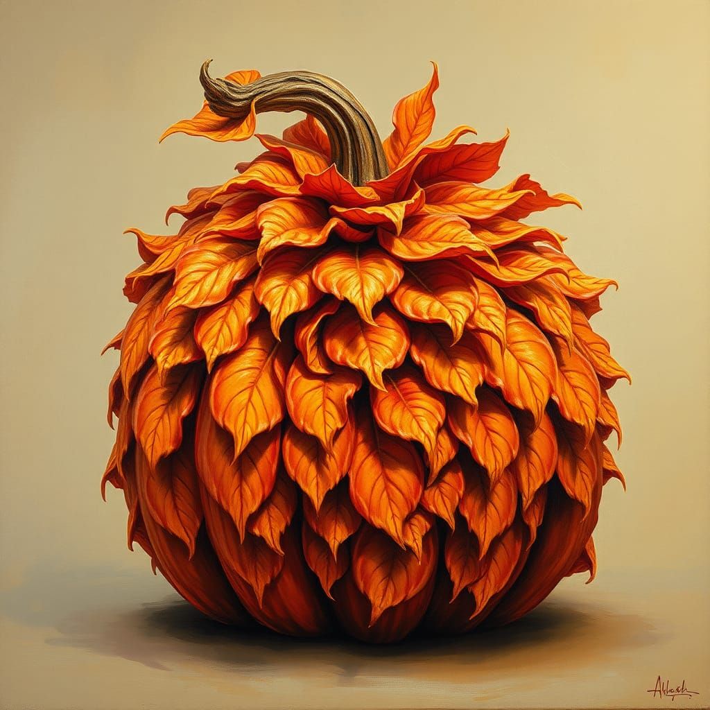 Autumn Leaf Pumpkin Sculpture in Impasto Style