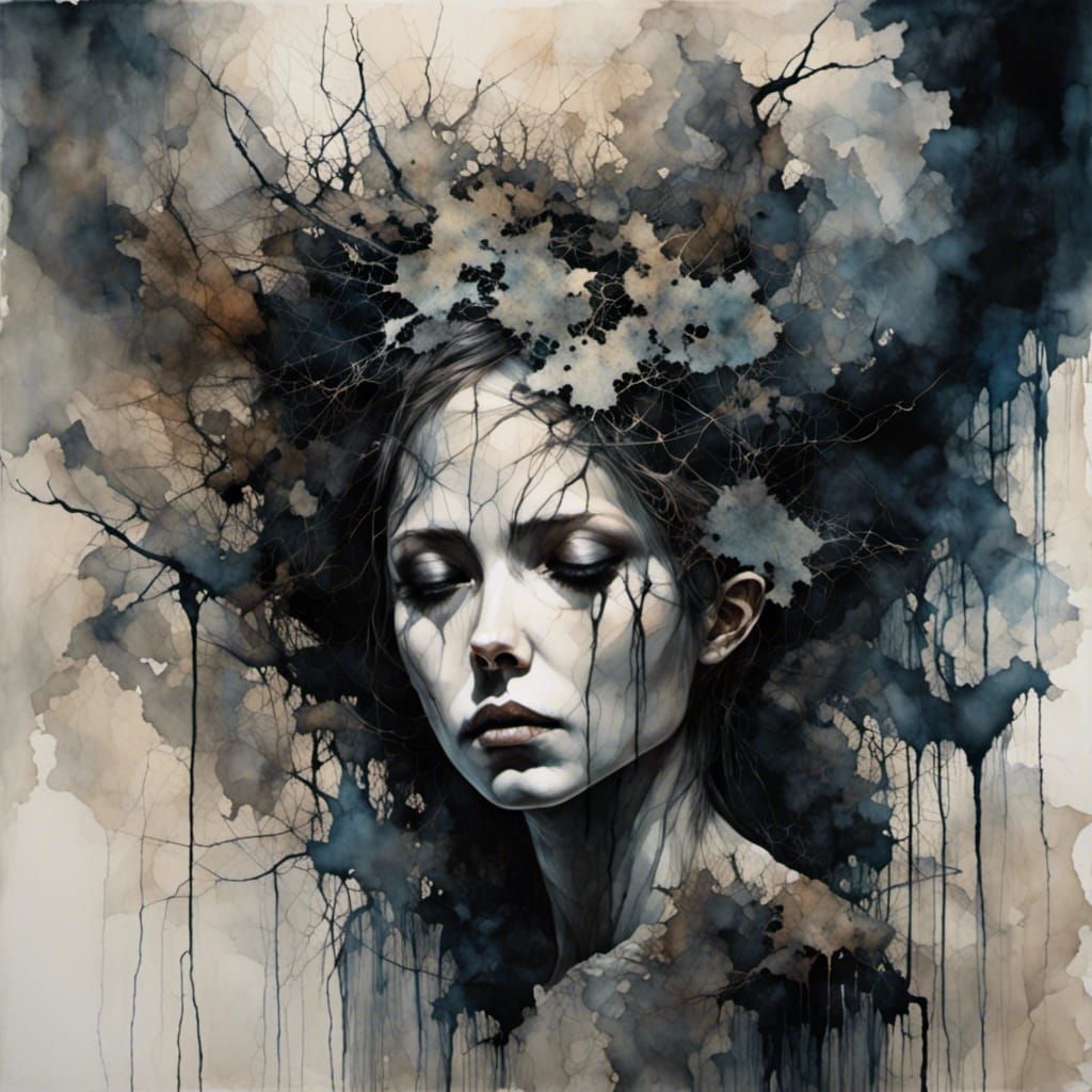 Gothic Wire Girl with Piercing Gaze Watercolor Painting