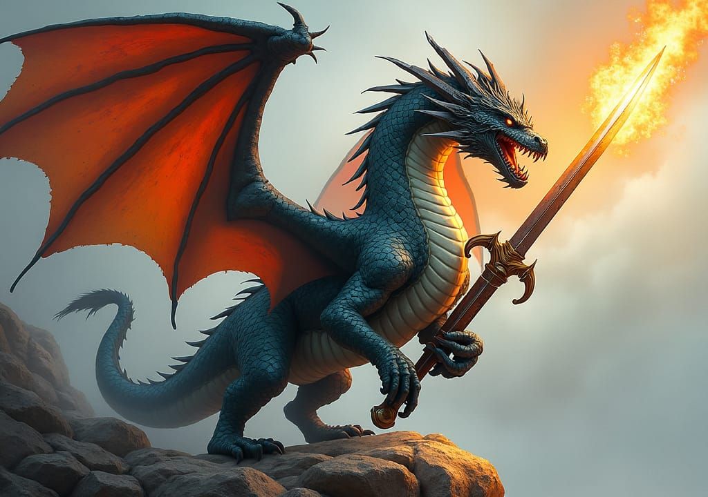 Dragon Sword and Shield in Fantasy Illustration Style