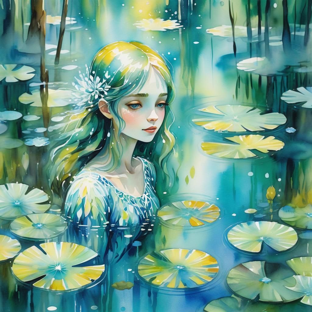 Crystal Girl in Pond: Watercolour Painting