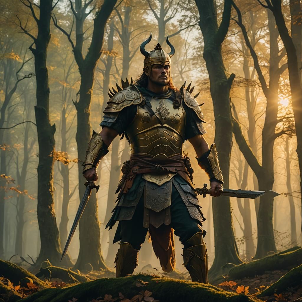 Victorious Warrior in Mystical Forest at Sunset