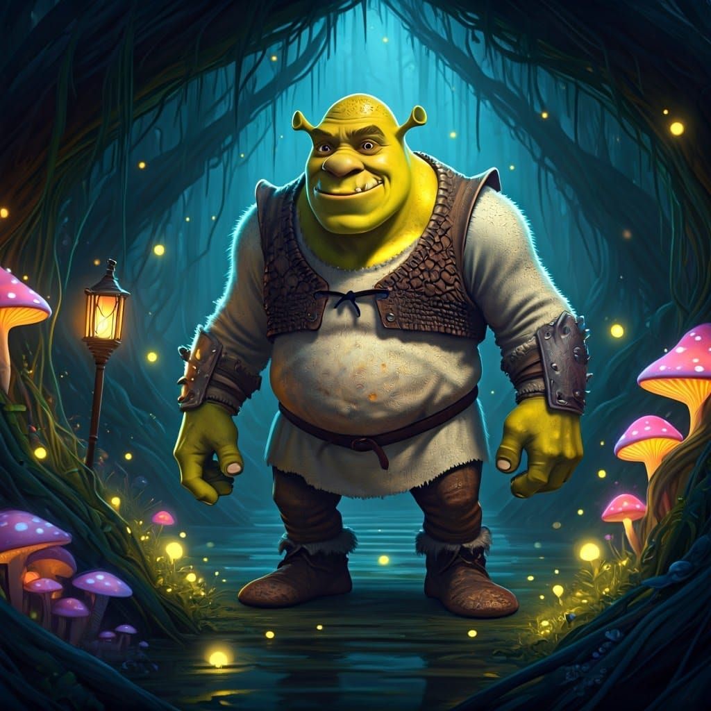 Shrek Minion Dwarves in Mystical Swamp, Fantasy Art