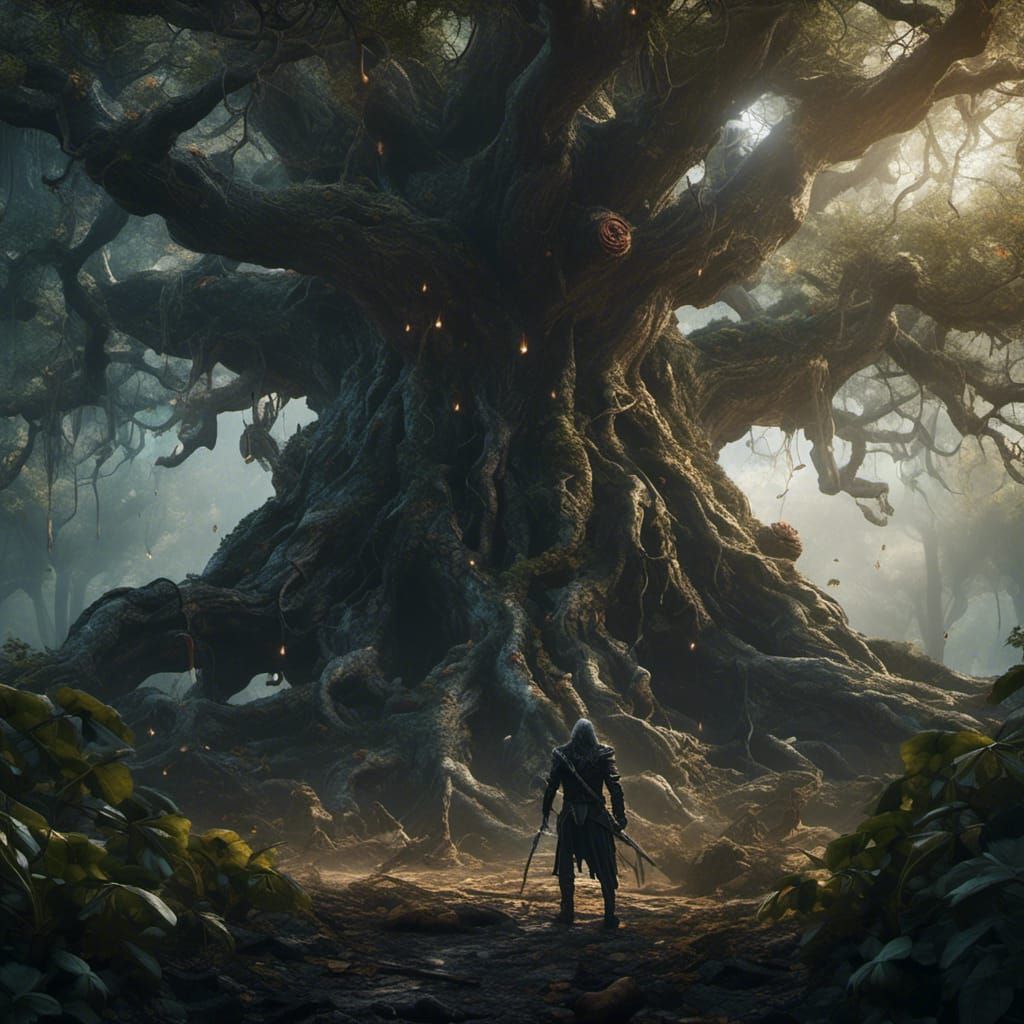 Monstrous Carnivorous Tree Confronted by Elf-Lord