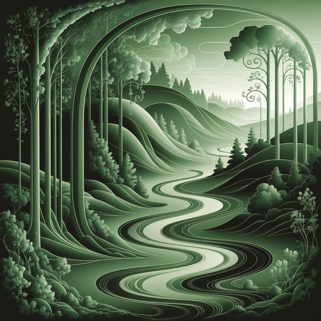 Art Nouveau Green Landscape With Serene River