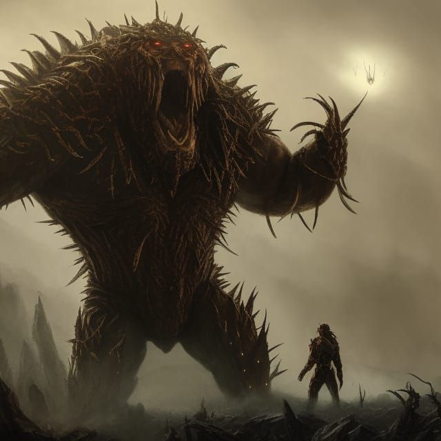 Menacing Armored Figure in a Burning Landscape