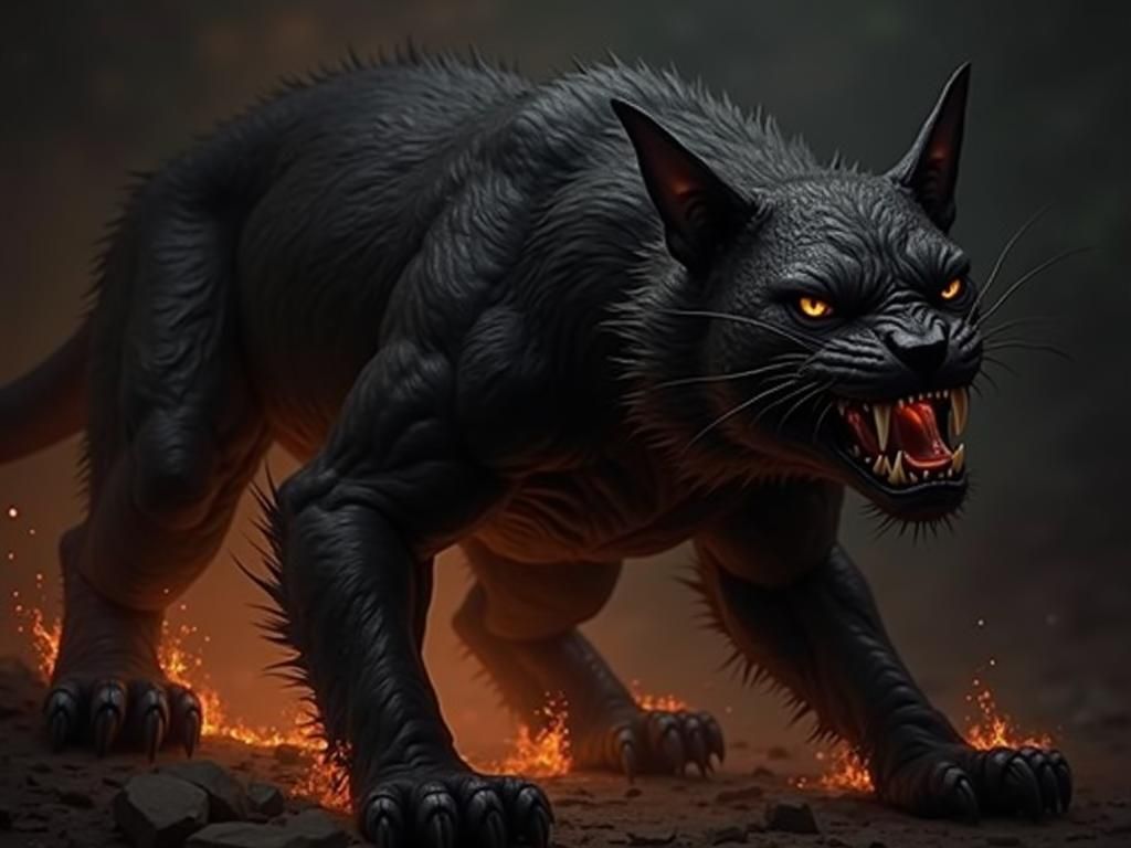Fearsome Obsidian Cat Unleashes Fury in Dark Surrealism