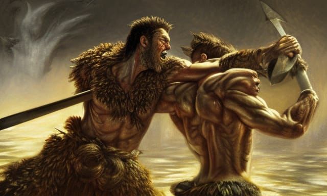 Beowulf and Grendel Epic Battle in Oil Painting