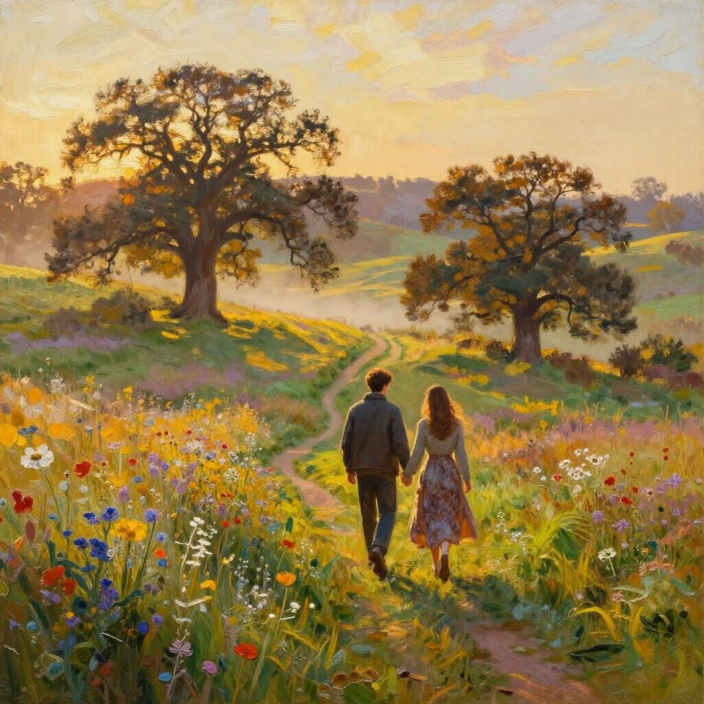 Couple's Romantic Walk in Sunlit Countryside Oil Painting