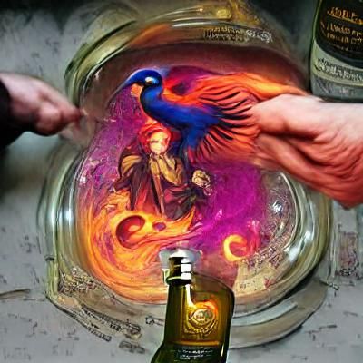 Alchemist opens the bottle of essence of phoenix renaissance painting colourful flickering light