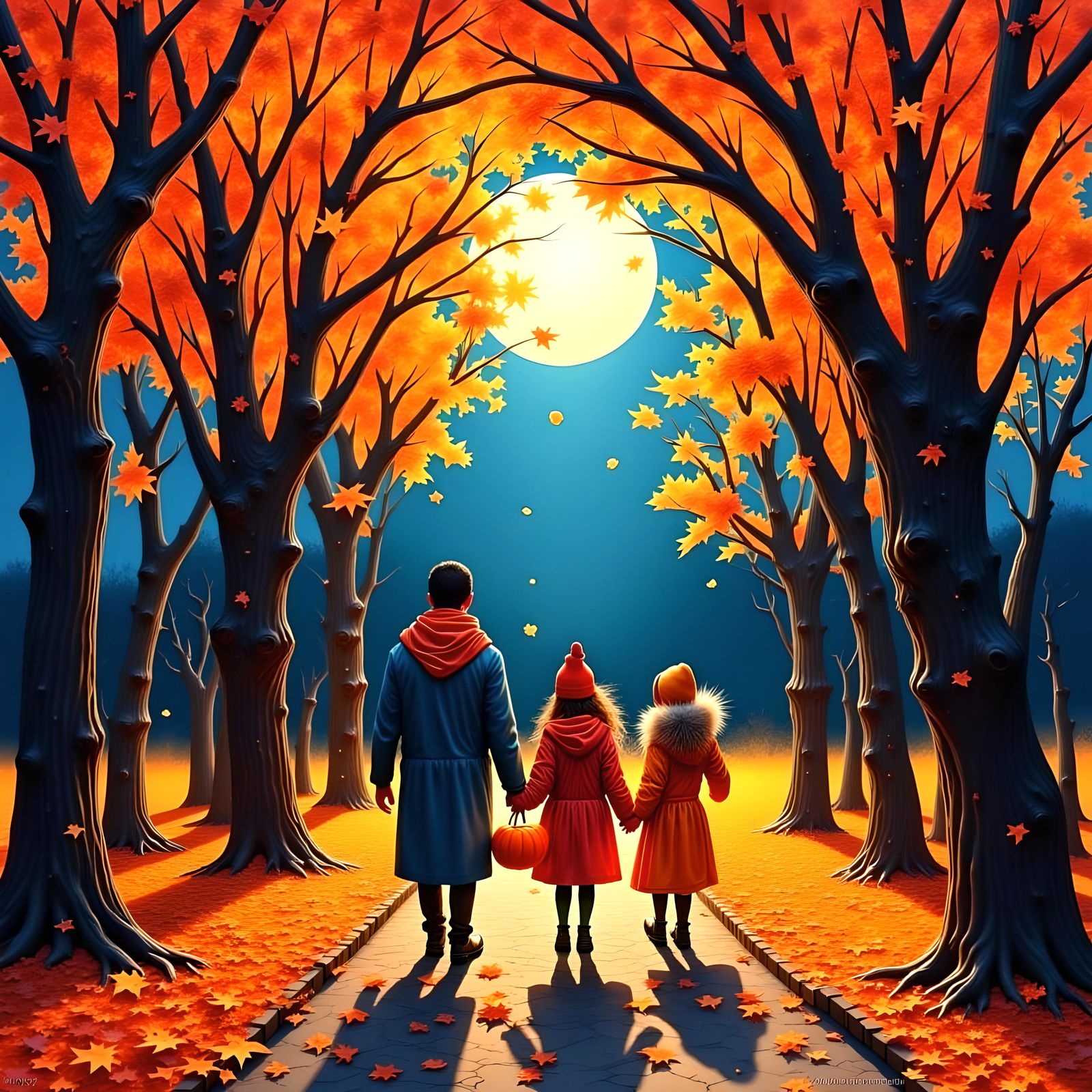 Family Trick-or-Treating: Oil Painting in Halloween Colors