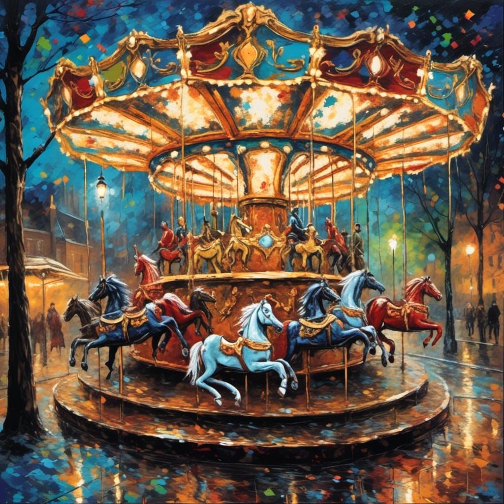 Carousel at Night: Expressionist Oil Painting