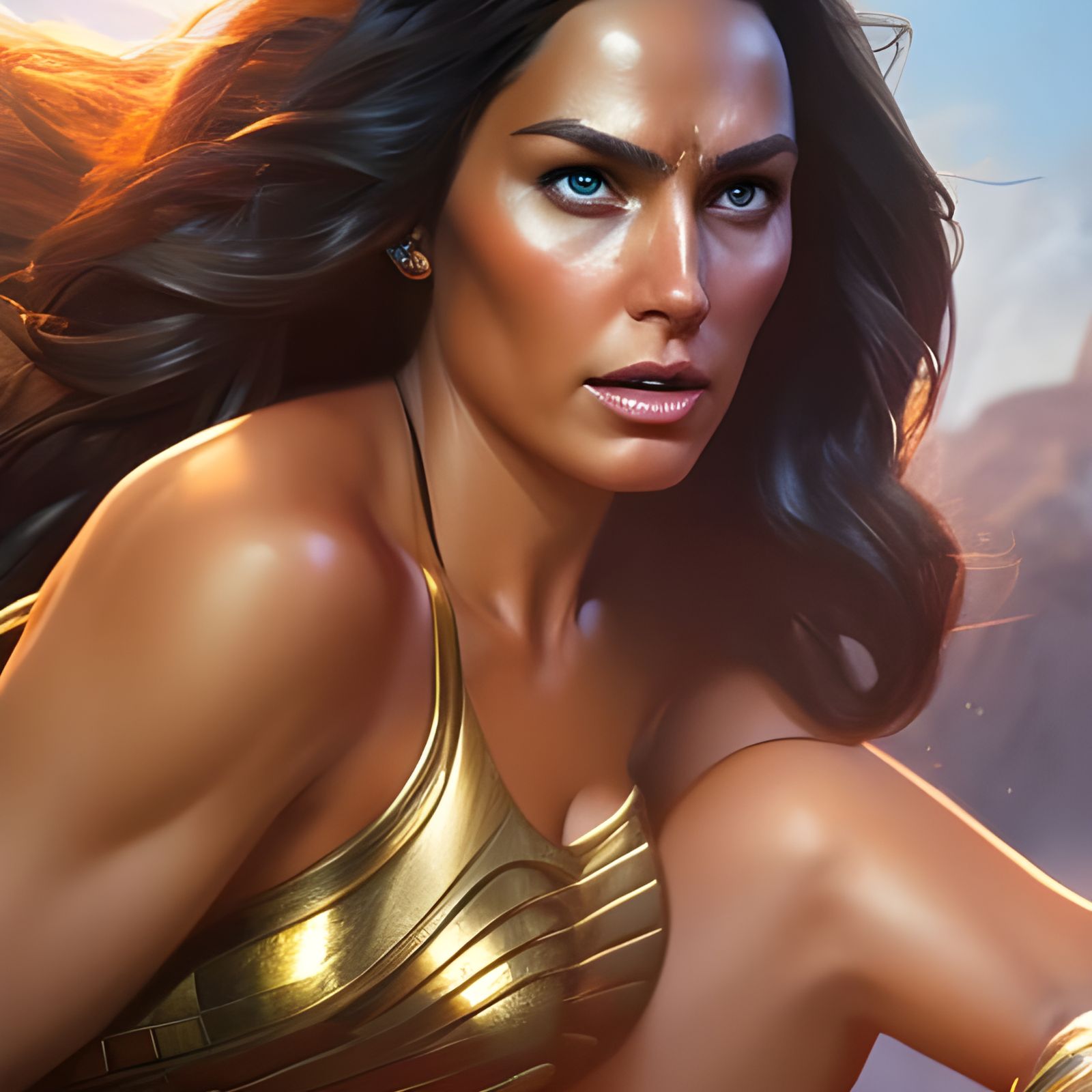 Wonder Woman Portrait with Flowing Hair and Tan Lines