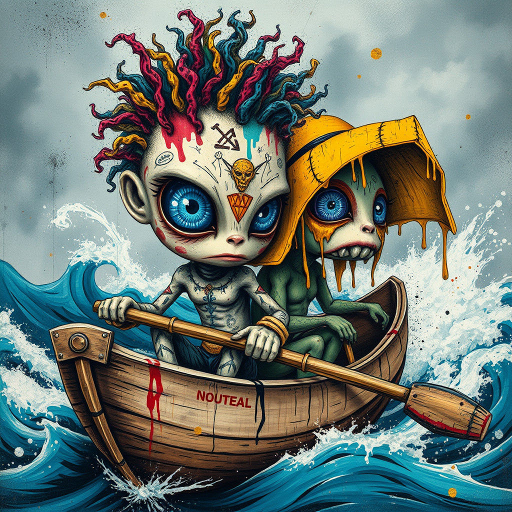 Humanoid Figure Rowing Boat in Graffiti Art Style