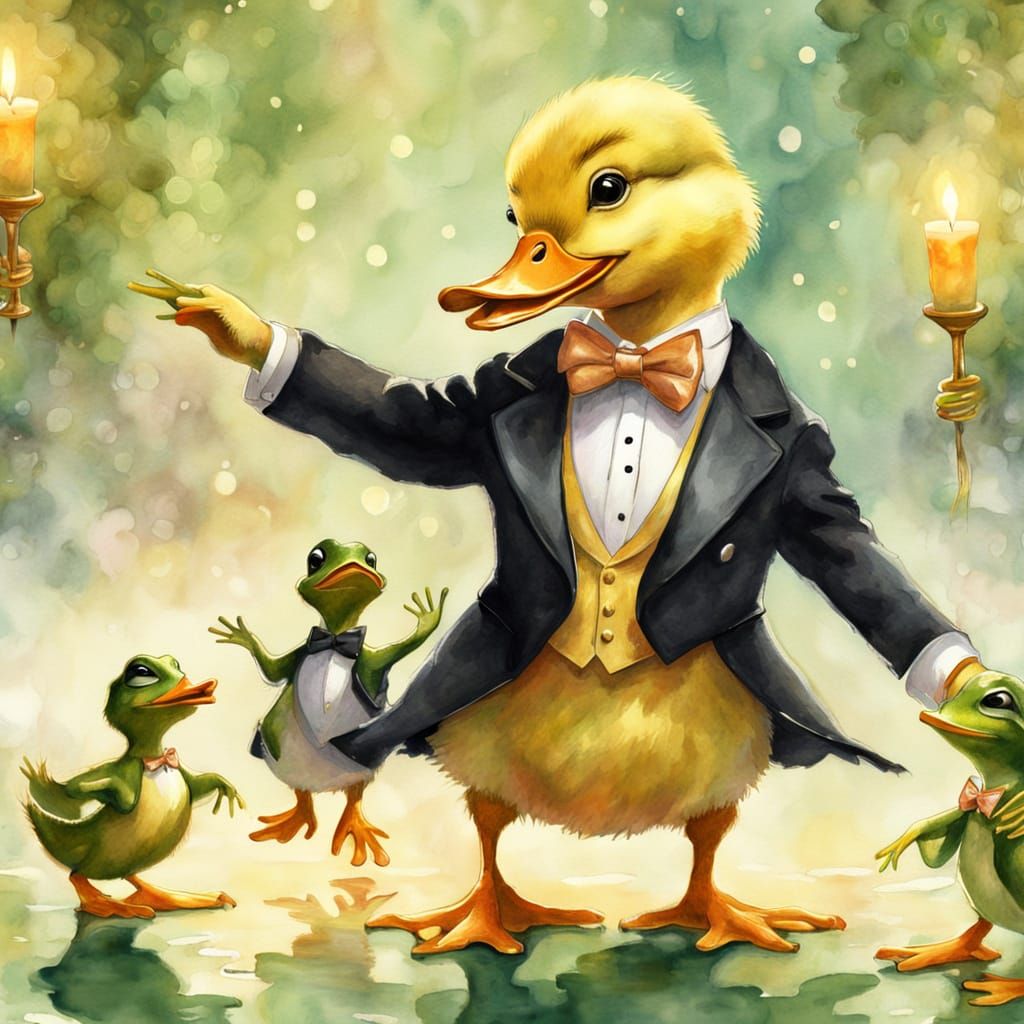 Duckling and Frog Waltz in Watercolor Style
