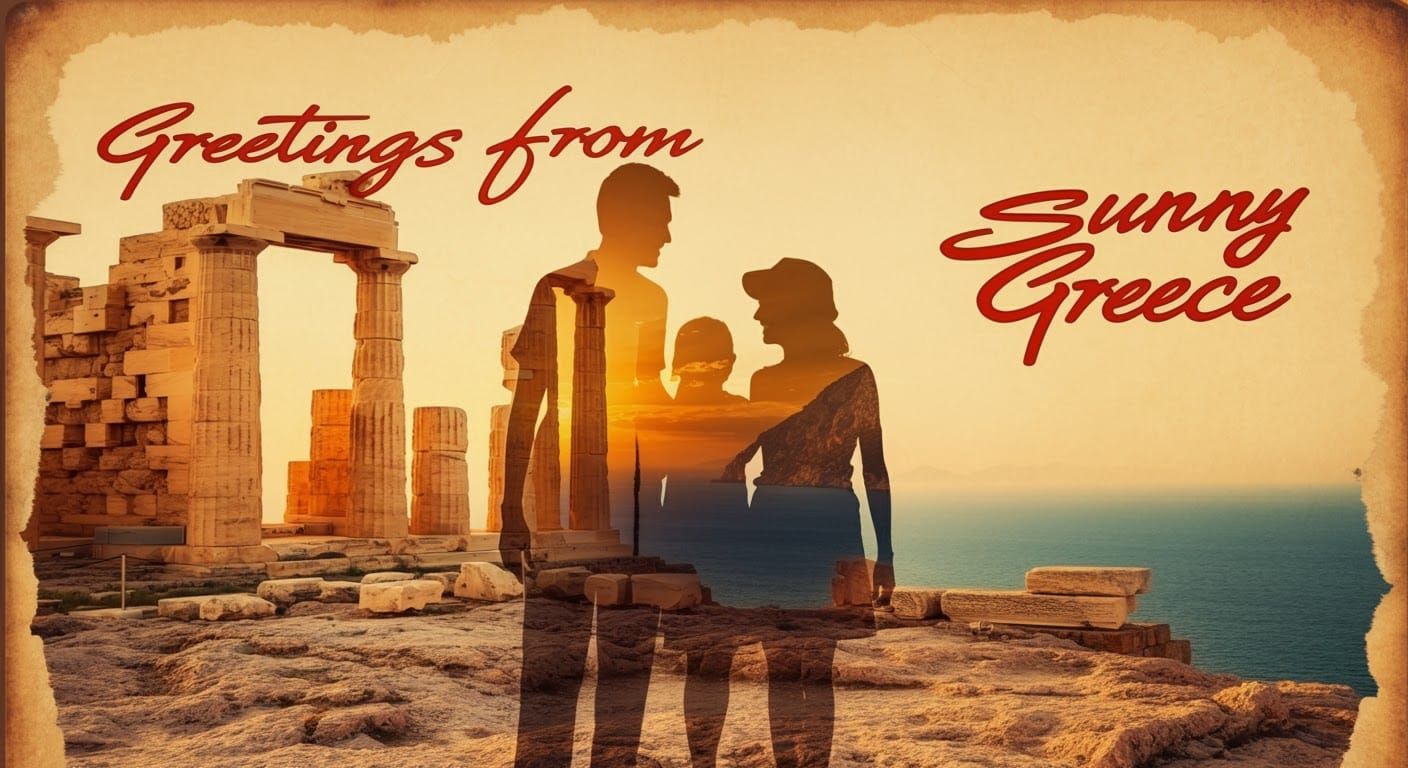 Greek Acropolis Family Silhouette in Vintage Poster Style