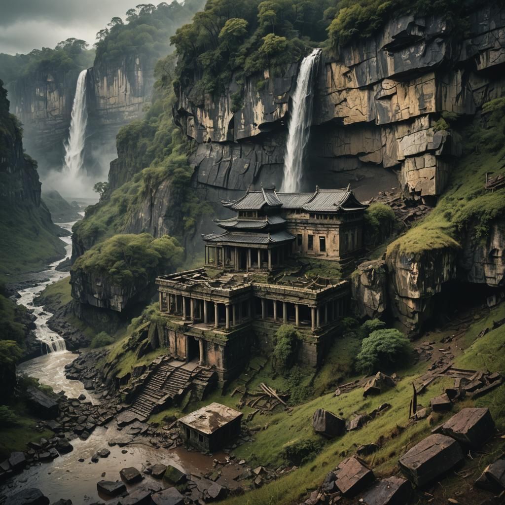 Abandoned Cliffside Temple by Waterfall: Cinematic Film Stil...