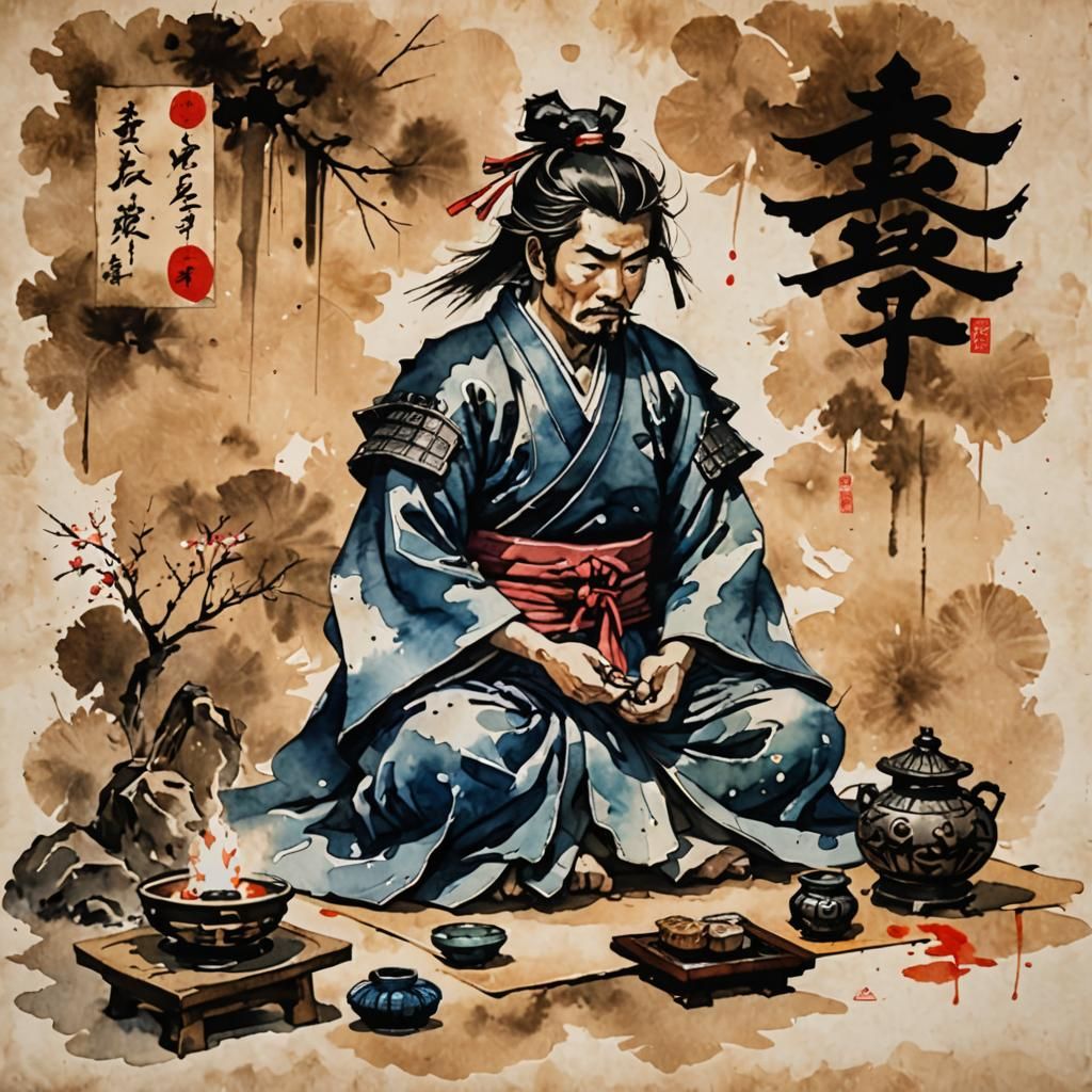 Samurai Meditation: Japanese Watercolor on Parchment