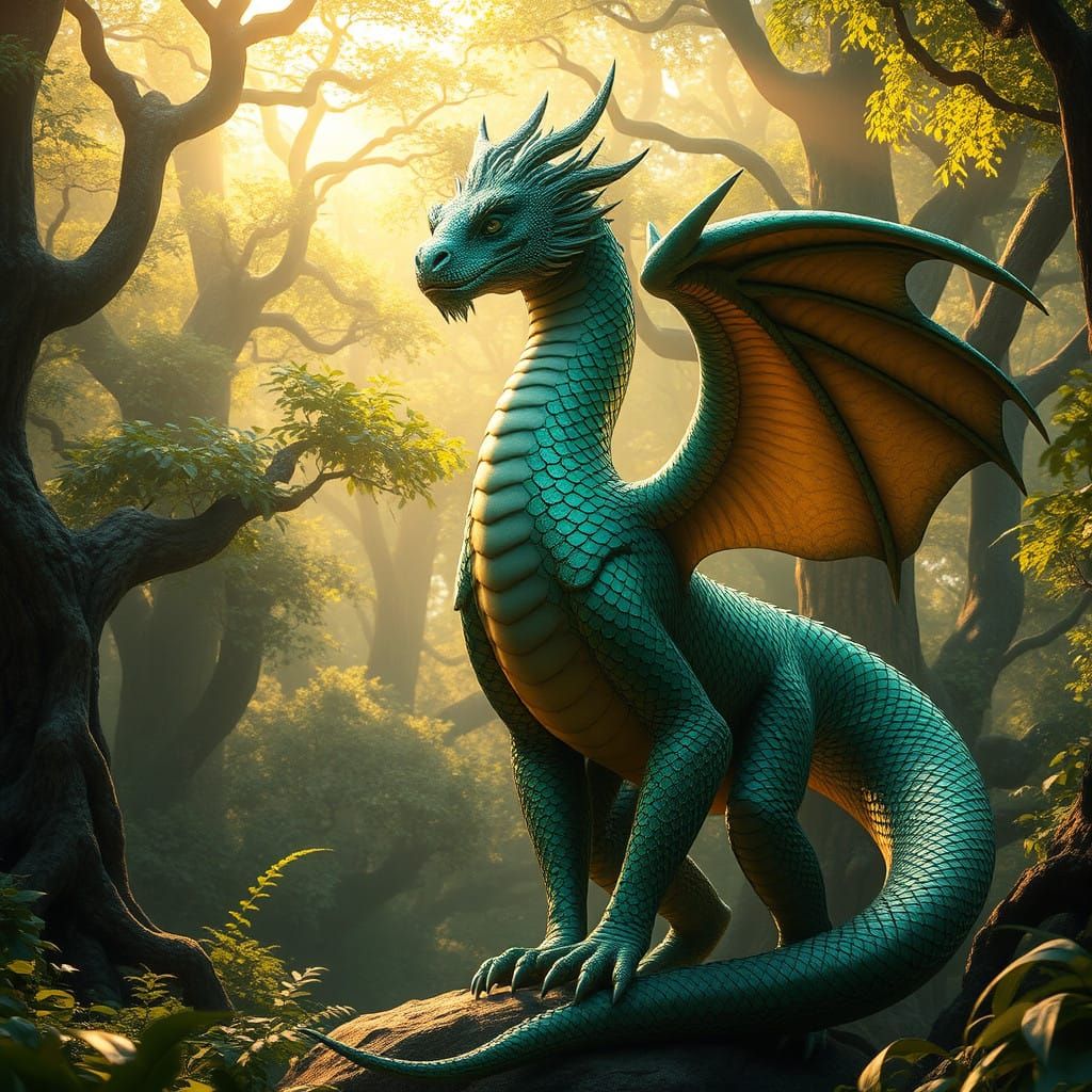 Majestic Chimera in Emerald Forest, Realistic Matte Painting