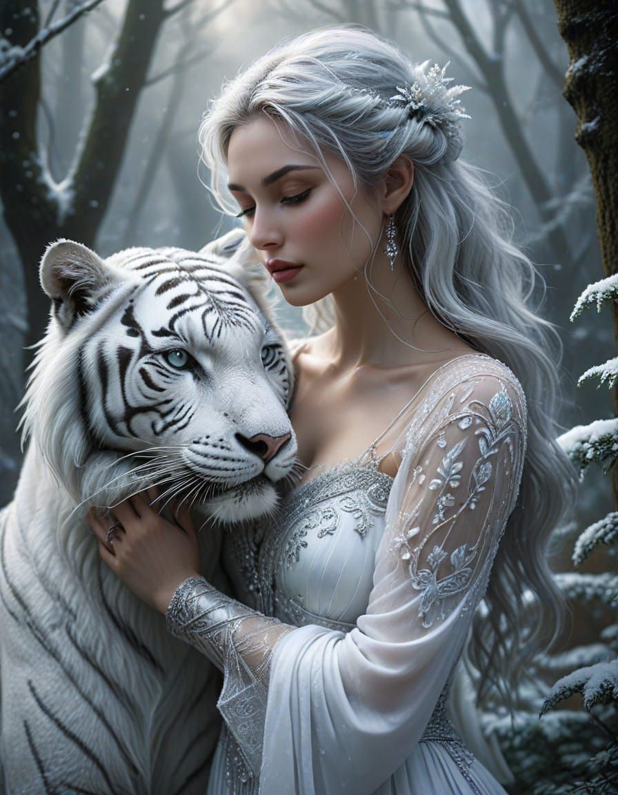 Ethereal Elf and White Tiger in Enchanted Forest Glade