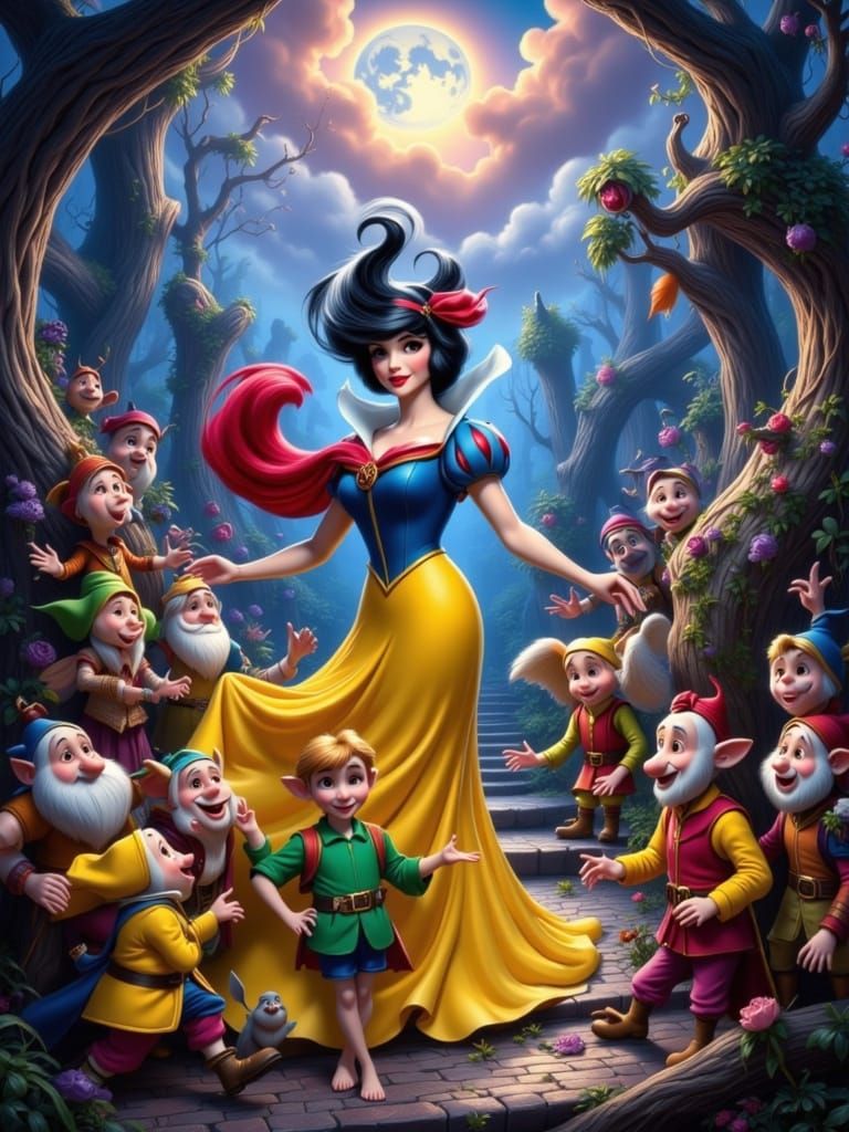 Snow White and Dwarfs in Hyperrealistic Graphic Novel Style