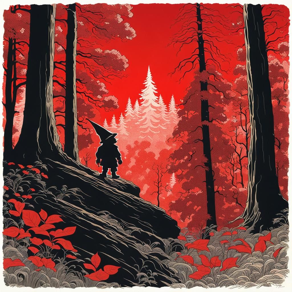 Gnome Silhouette in Red Forest, Schuiten Style