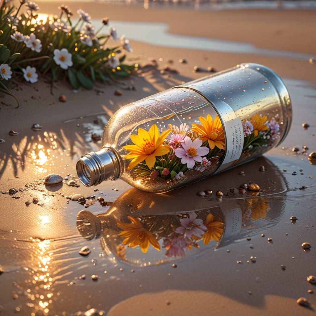 Rainy Spring Flowers Reflected in Chrome Bottle