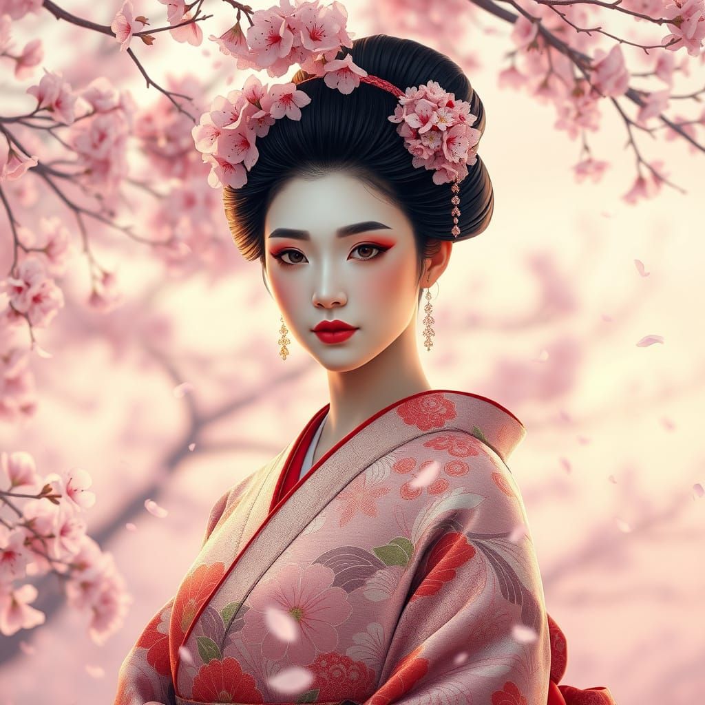 Serene Geisha in Cherry Blossom Paradise