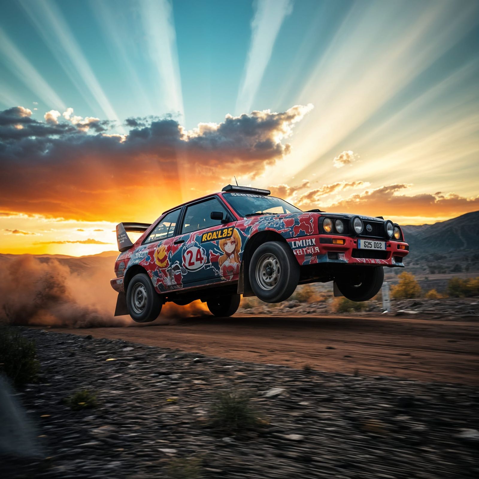 rally car, rally group b car, wrapped in Anime girls style body artwork, sunset lighting, sun rays through clouds, very ...