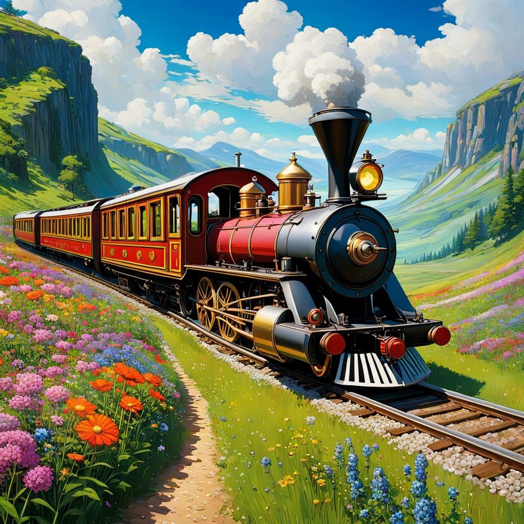 Steampunk Train Chugs Through Vibrant Wildflower Meadows