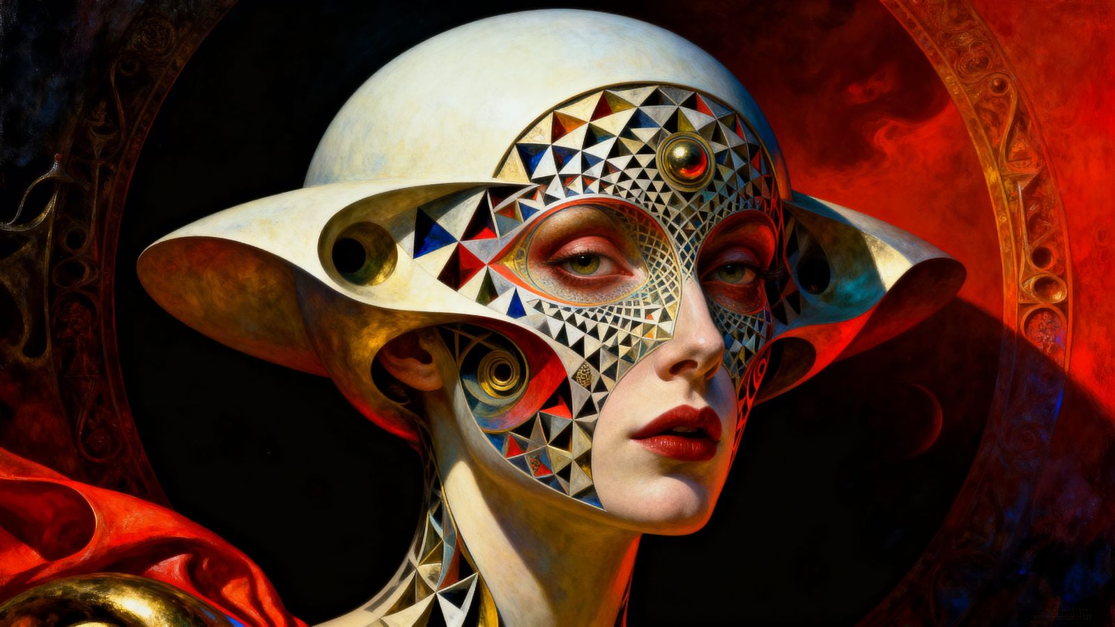 Surreal Woman Portrait with Escher-Inspired Patterned Face