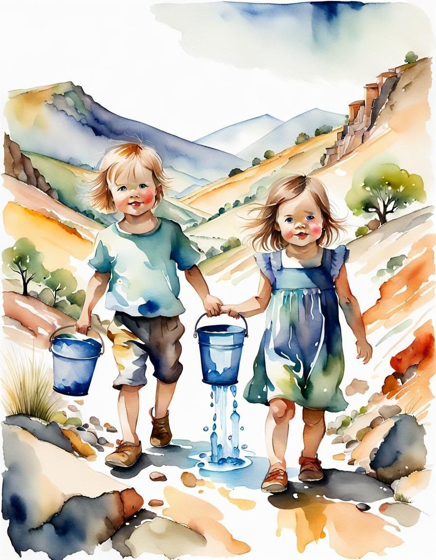 Toddlers on Rocky Hill in Watercolor Style
