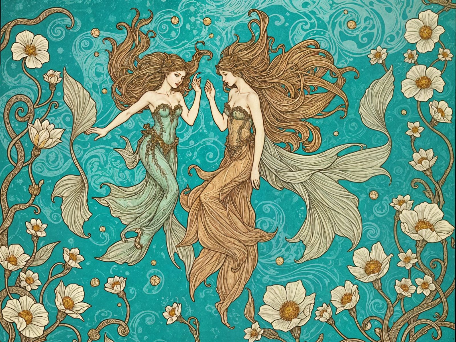 Tritons and Nymphs in Art Nouveau Ocean Scene